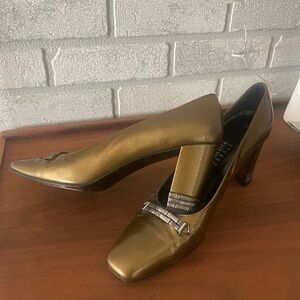 Stuart Weitzman Womens Patent Leather Shoes Gold  Heel Pumps Size 9